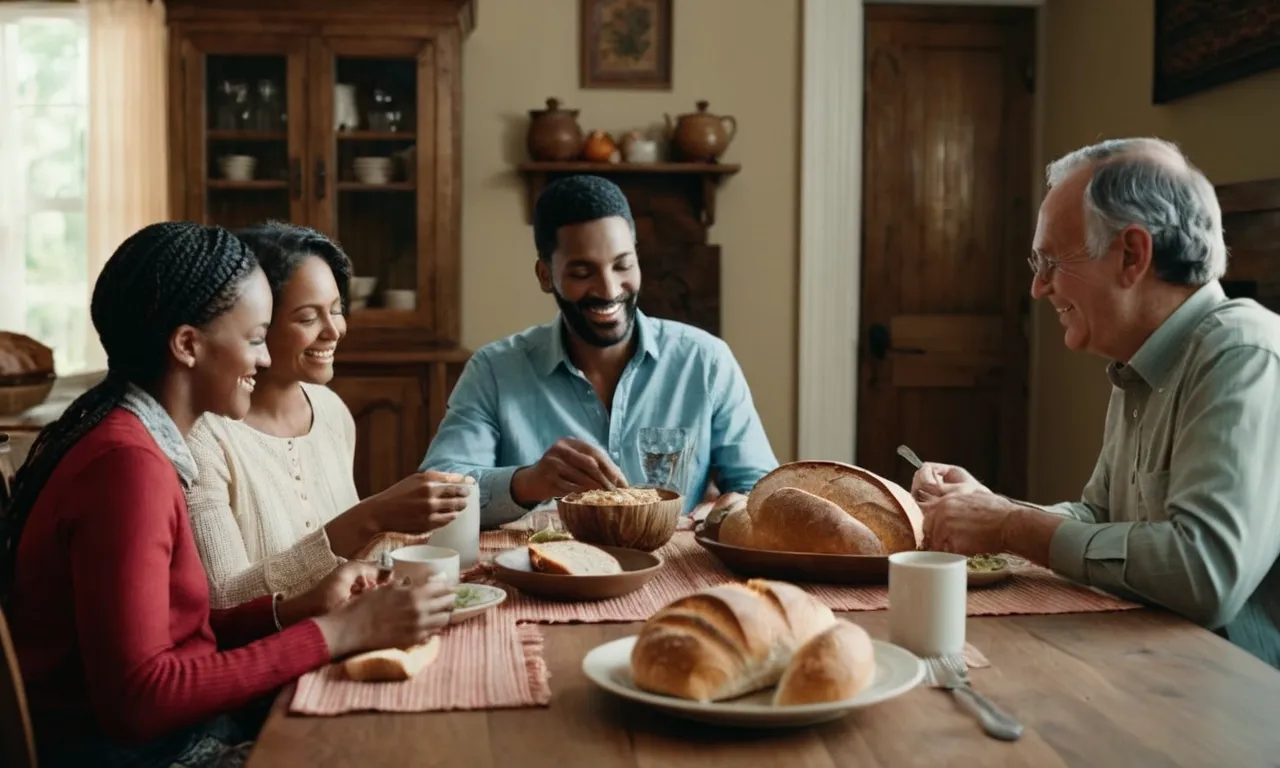 A photo capturing a humble, contented family gathered around a table, breaking bread together, symbolizing biblical prosperity found in unity, gratitude, and spiritual abundance.