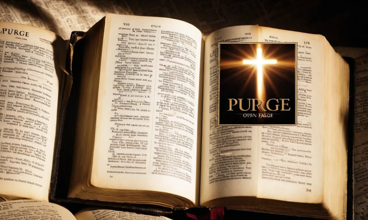 A photo capturing a Bible open to a page with the word "purge" highlighted, surrounded by rays of light, symbolizing the spiritual cleansing and forgiveness emphasized in the biblical concept.