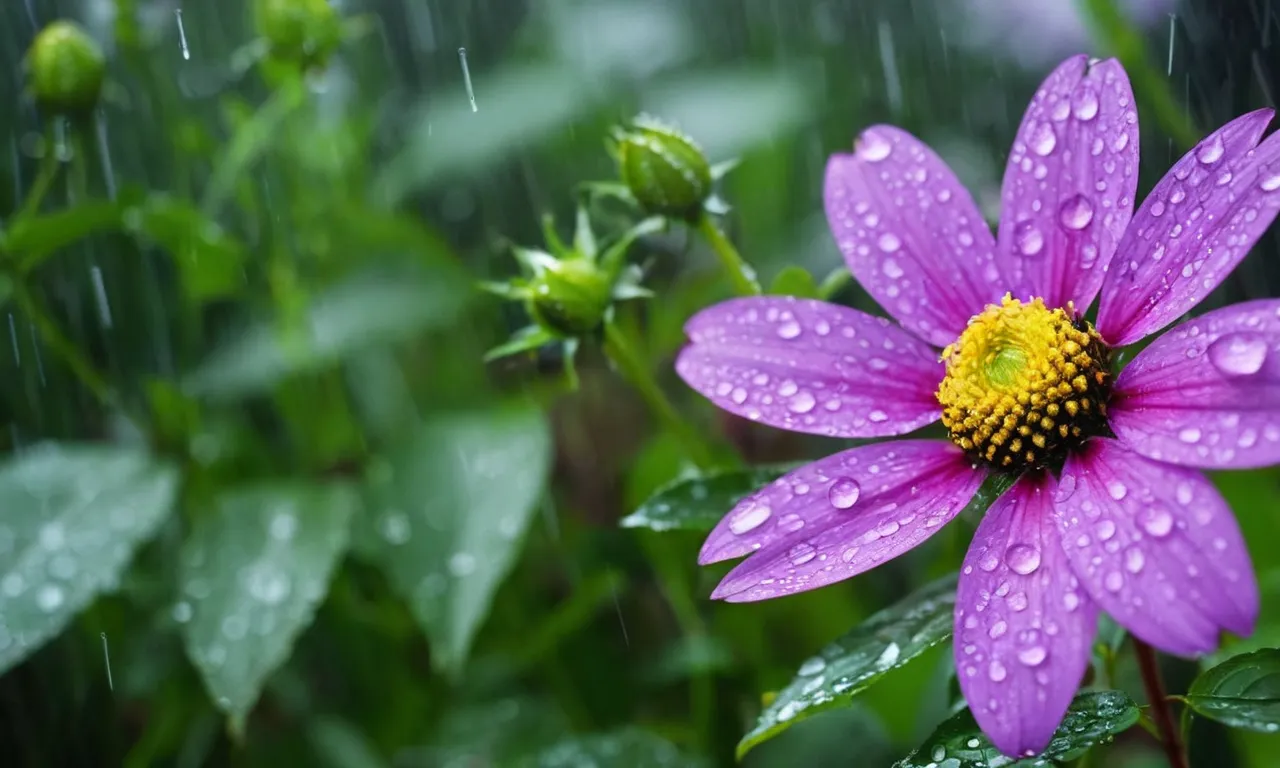 A photo of a purple flower gently swaying in the rain, symbolizing God's grace and purification, as described in the Bible.