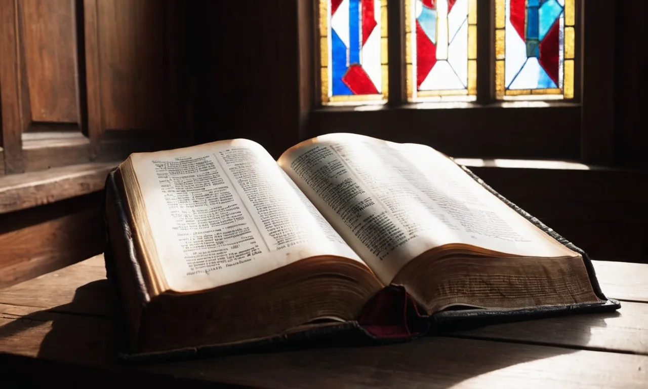 A black and white image captures a worn, leather-bound Bible lying open on a wooden altar, bathed in a soft beam of sunlight streaming through a stained glass window.