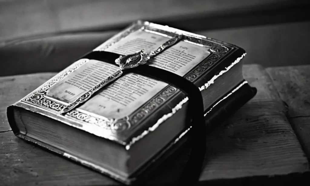 A solemn black and white image captures a worn, open Bible with gilded silver edges, symbolizing purity, redemption, and the refining process of God's word in the spiritual journey.