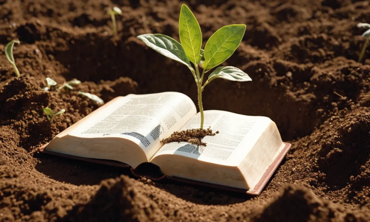 A close-up shot of a Bible resting on a patch of fertile soil, symbolizing how the word of God takes root and nurtures spiritual growth.
