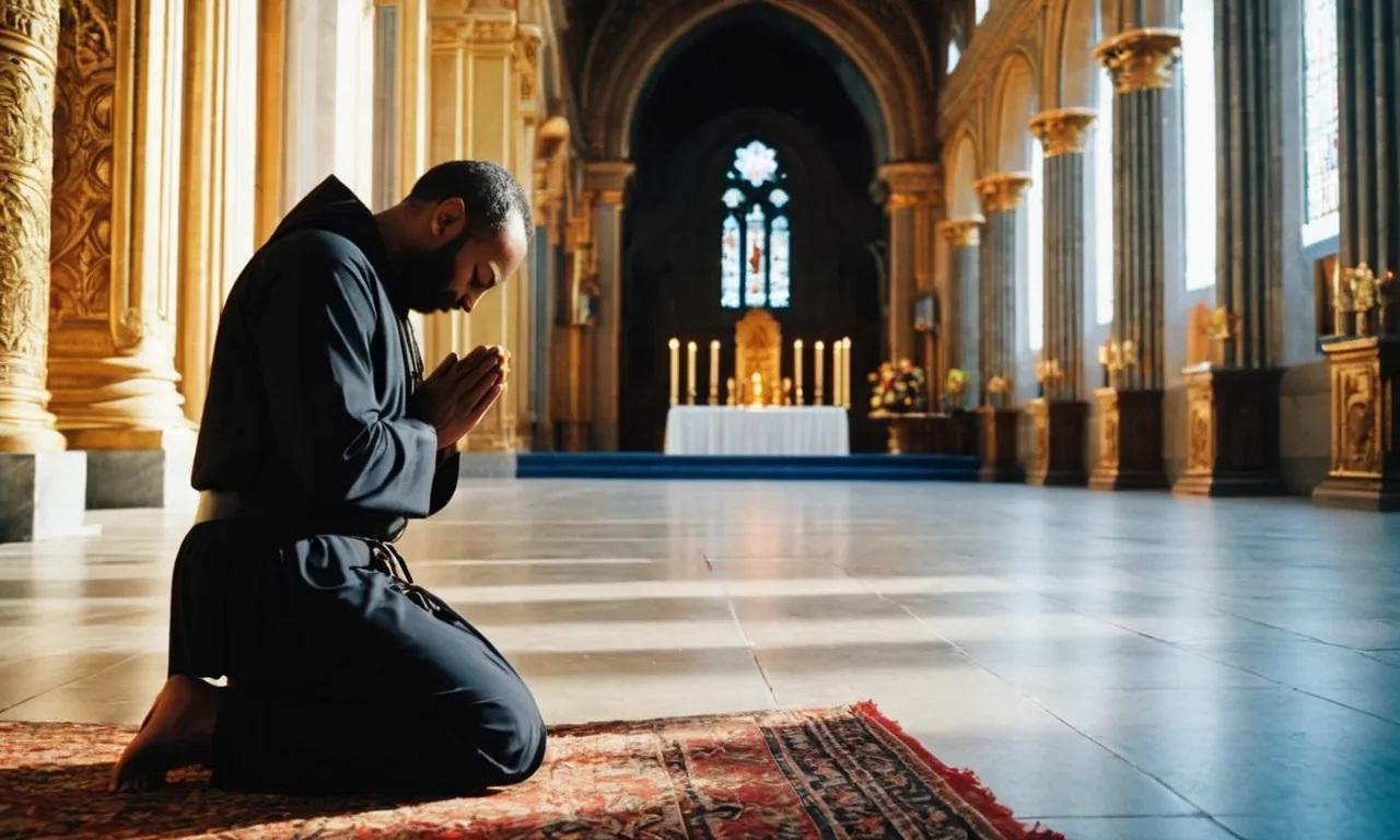 A photograph capturing a person kneeling in prayer, hands clasped together and eyes closed, demonstrating supplication as a humble act of seeking divine guidance, mercy, or assistance.