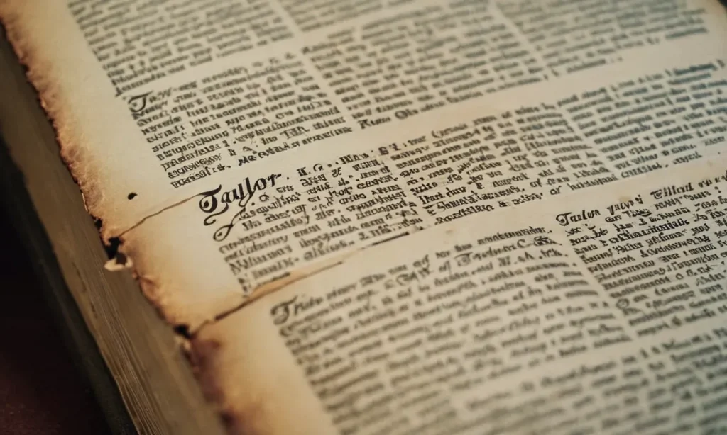 A close-up photo capturing the delicate pages of a well-worn Bible, with the name "Taylor" underlined in faded ink, symbolizing an individual's quest for understanding and seeking meaning within the scriptures.