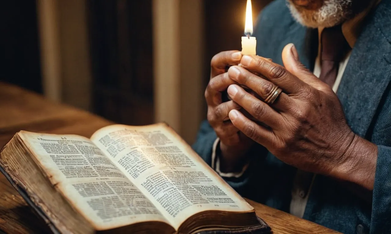 A photo capturing a humble man, immersed in prayer, holding a worn Bible close to his heart, radiating kindness and compassion.