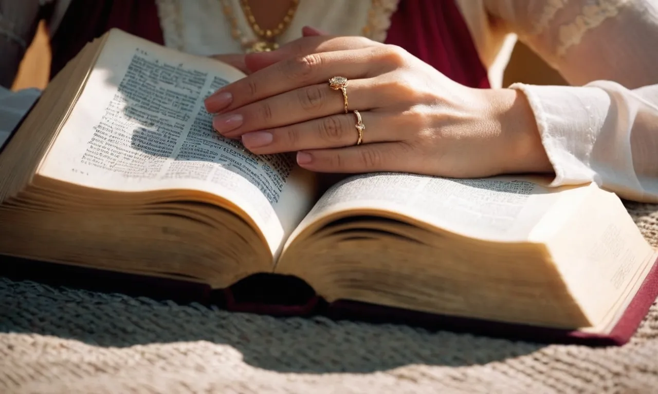 A photo capturing a woman in serene prayer, surrounded by open pages of the Bible, symbolizing her dedication, wisdom, and embodiment of the virtues praised in the scriptures.