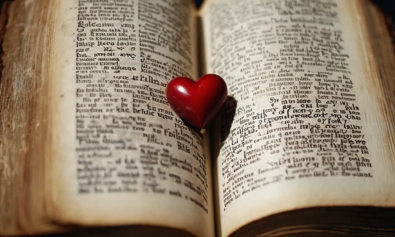 A close-up shot capturing a weathered Bible page, highlighting verses on love, forgiveness, and purity, symbolizing the Bible's guidance on matters of the heart.