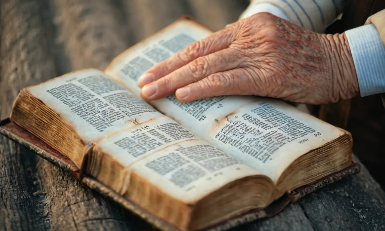 A photo capturing the weathered hands of an elderly person gently holding a well-worn Bible, symbolizing the wisdom, faith, and grace that age brings according to the teachings of the Bible.