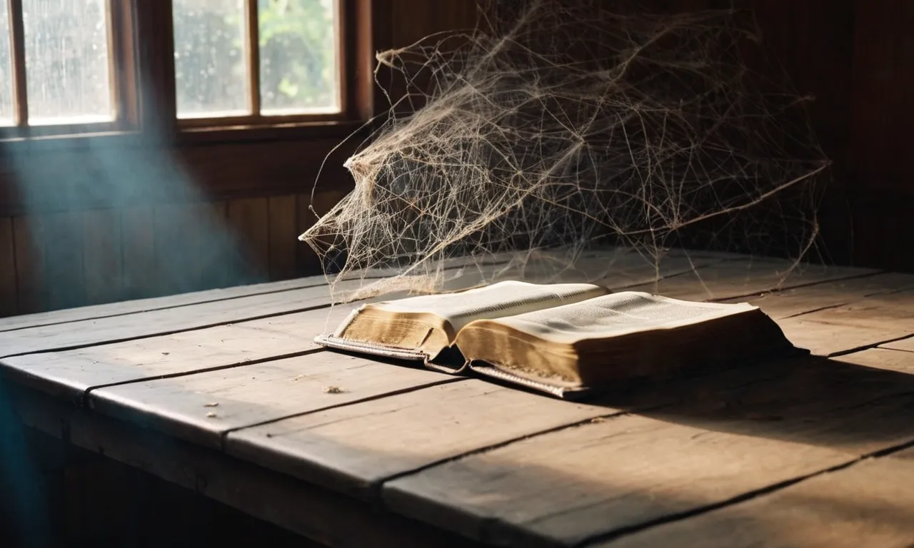 A photo capturing a dusty Bible lying untouched on a table, surrounded by cobwebs and fading light, symbolizing the consequences of an idle mind neglecting spiritual growth.