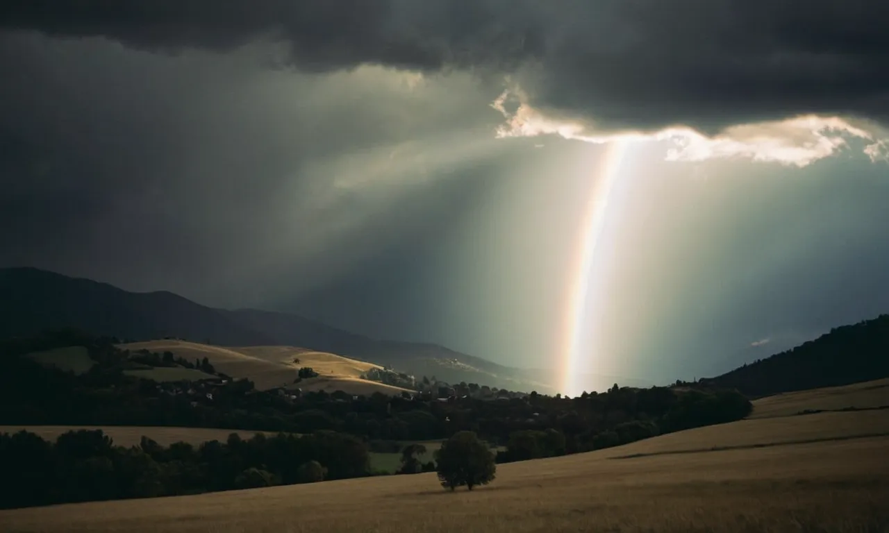 A photo capturing a serene moment amidst chaos, with a beam of light breaking through dark clouds, symbolizing the biblical idea of angels protecting us with their divine presence.