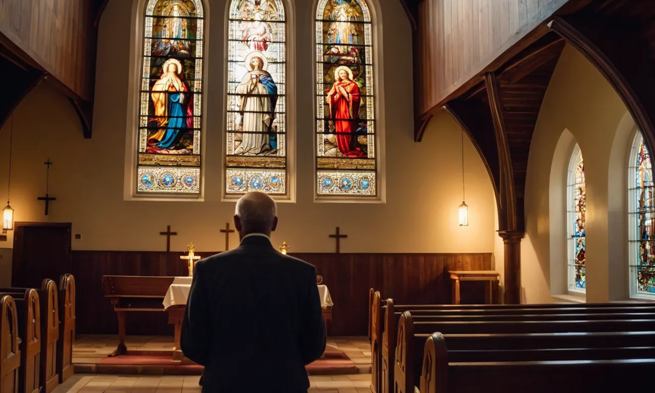 A serene photo capturing the golden rays of sunlight streaming through a stained glass window in a church, illuminating a person deep in prayer, symbolizing the presence of angelic beings.