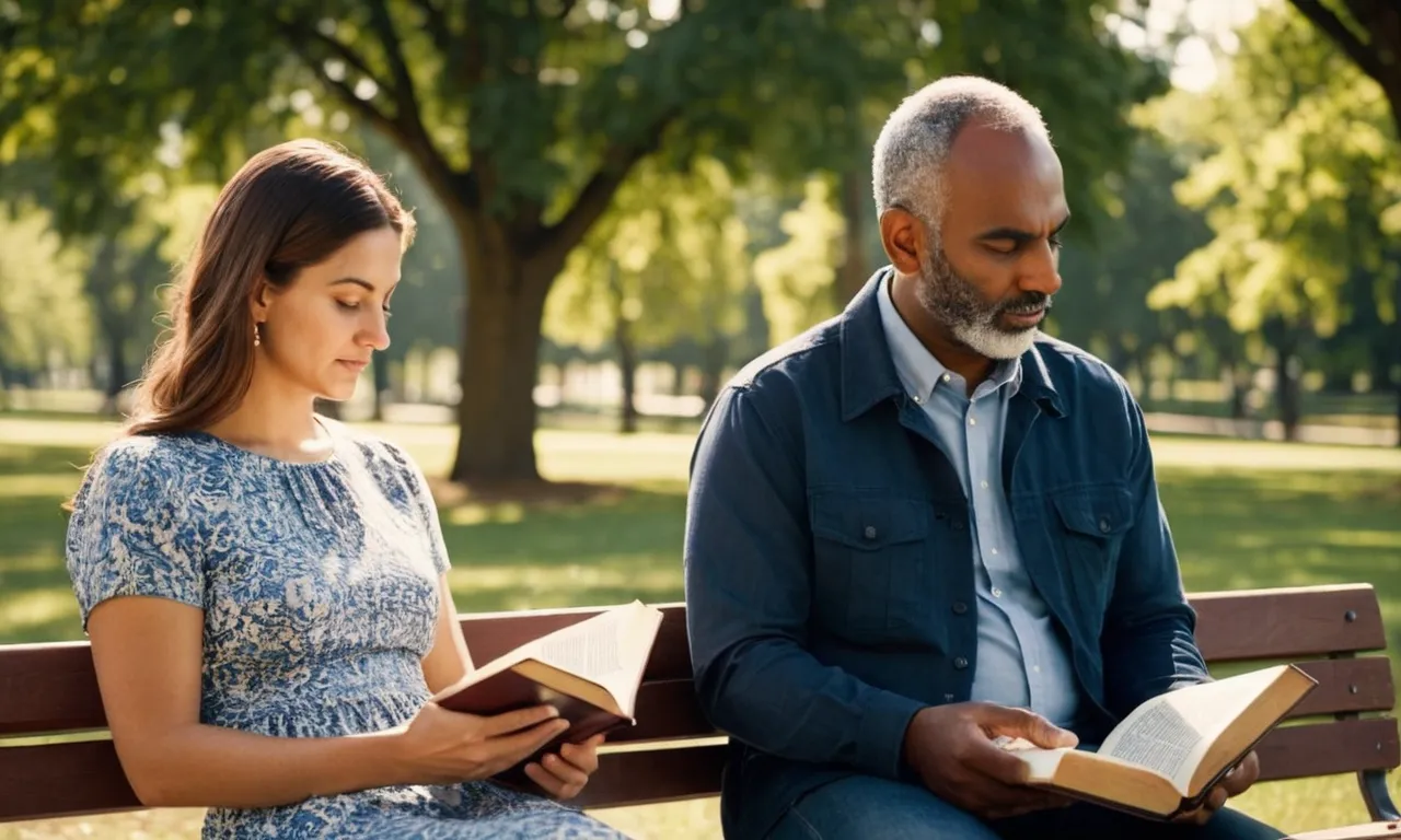 A couple, sitting side by side on a park bench, reading the Bible together, their serene expressions and clasped hands reflecting the calming power of scripture in managing anger within marriage.