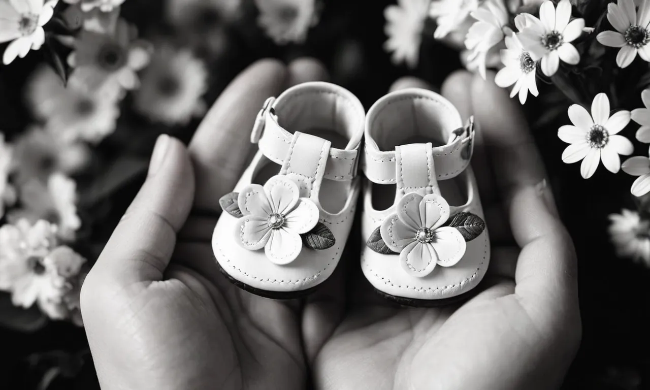A black and white photograph capturing delicate hands holding a tiny pair of baby booties, surrounded by flowers, symbolizing the loss and grief of babies who pass away in the womb.
