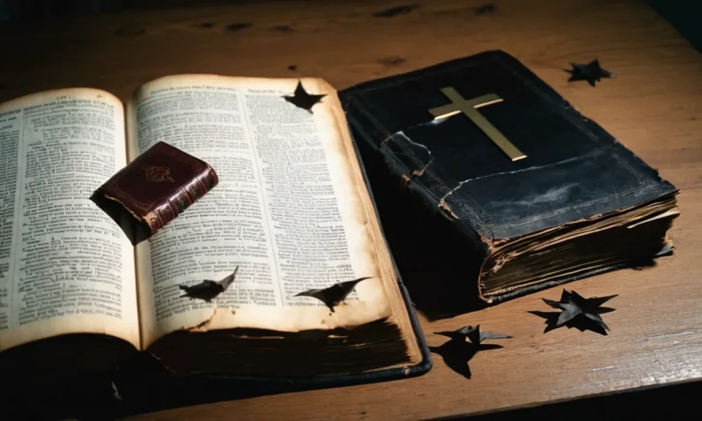A photograph capturing a torn Bible, lying open on a table, surrounded by dark, shadowy figures symbolizing bad company, serving as a visual representation of the Bible's warning against associating with negative influences.