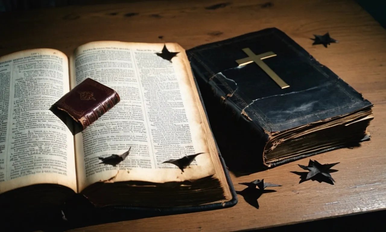 A photograph capturing a torn Bible, lying open on a table, surrounded by dark, shadowy figures symbolizing bad company, serving as a visual representation of the Bible's warning against associating with negative influences.