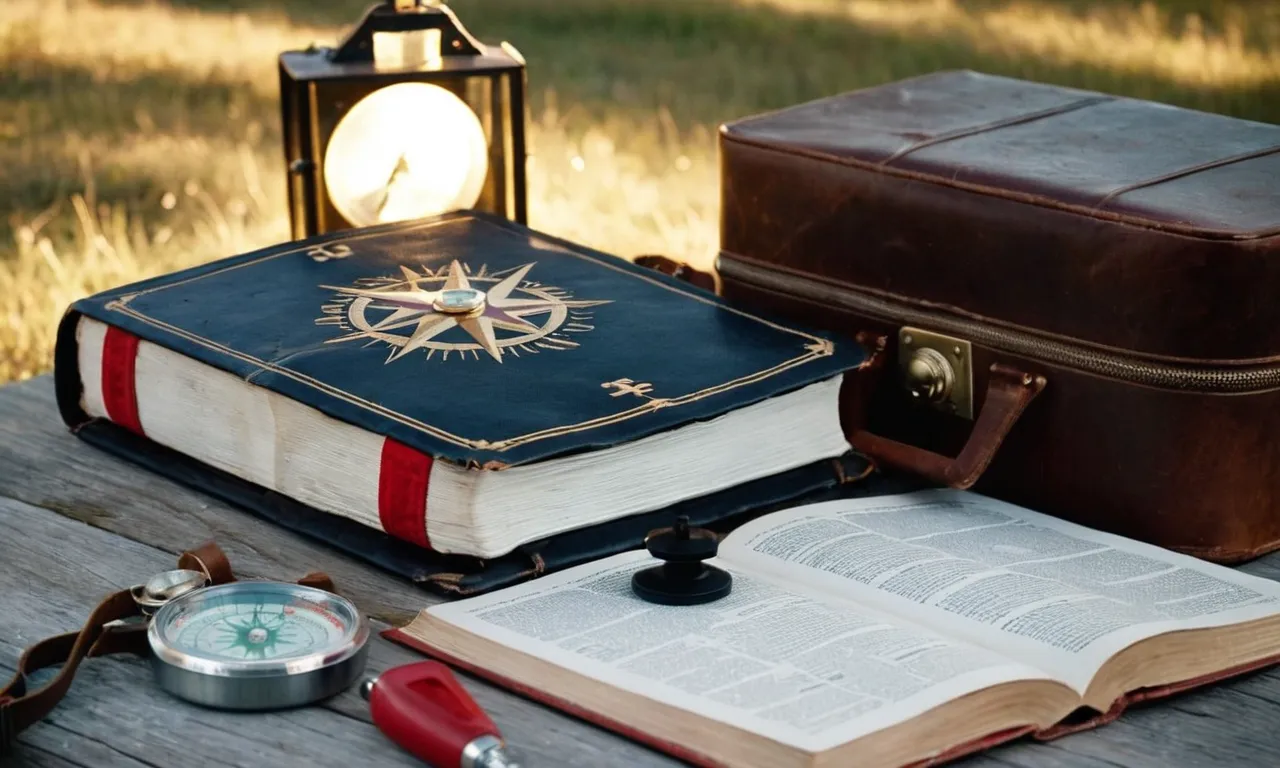 A photo capturing a well-worn Bible lying open on a table, surrounded by a compass, a flashlight, and a first-aid kit, symbolizing the importance of spiritual and practical preparedness.