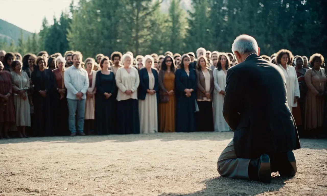 A photo capturing a solitary figure kneeling in prayer, surrounded by a crowd, symbolizing the biblical concept of being set apart from the world while seeking divine guidance and strength.