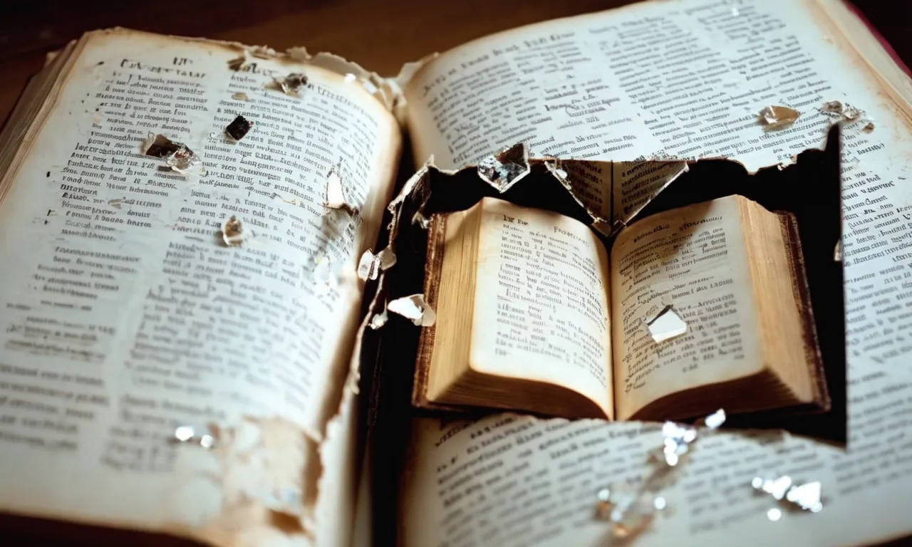 A photo capturing an open Bible with highlighted verses on forgiveness, love, and kindness, juxtaposed with a shattered mirror symbolizing the destructive consequences of spiteful actions.