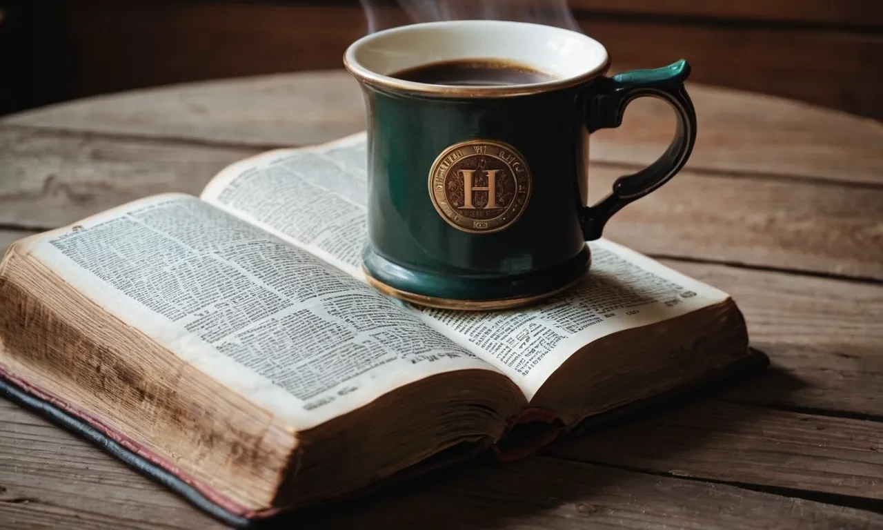 A worn-out Bible, its pages weathered and dog-eared, resting on a wooden table alongside a steaming mug of coffee, capturing the essence of finding solace and strength in scripture amidst weariness.