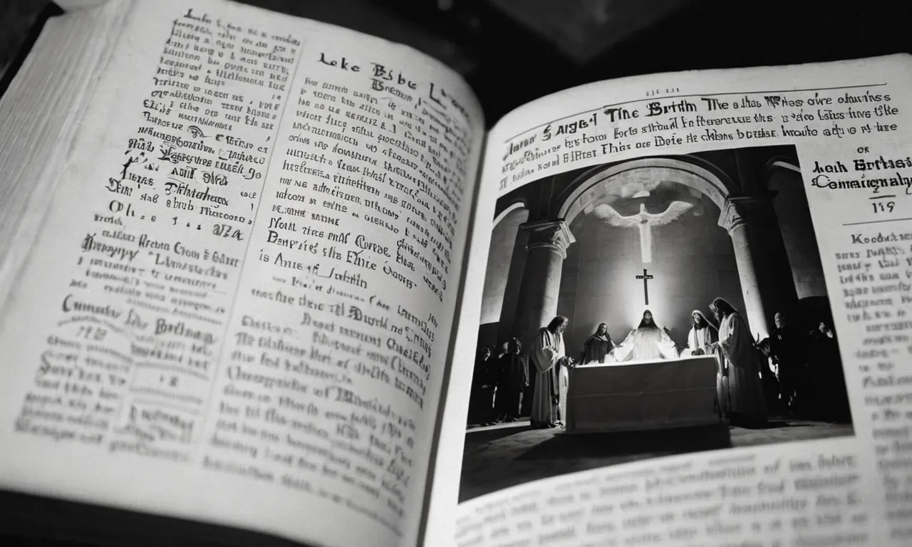 A stunning, black and white photograph captures a vintage Bible open to Luke 1:14, where the angel announces the birth of John the Baptist, symbolizing the significance of birthdays in biblical context.