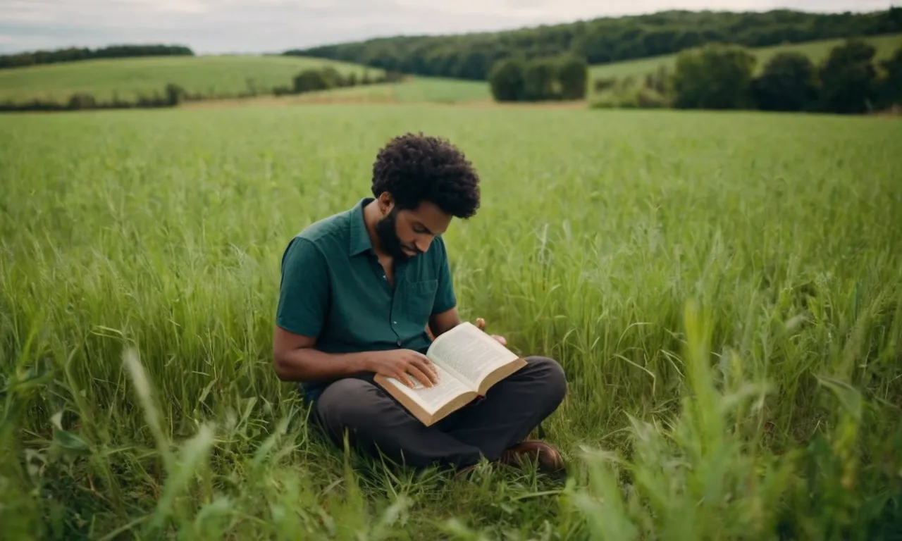 A photograph capturing a person sitting amidst a lush green field, holding an open Bible, symbolizing the importance of setting personal boundaries guided by biblical teachings.