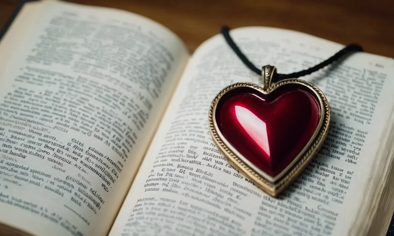 A close-up photograph of a broken heart-shaped pendant lying on an open Bible, symbolizing the pain and seeking solace in scripture during times of heartbreak and seeking guidance.