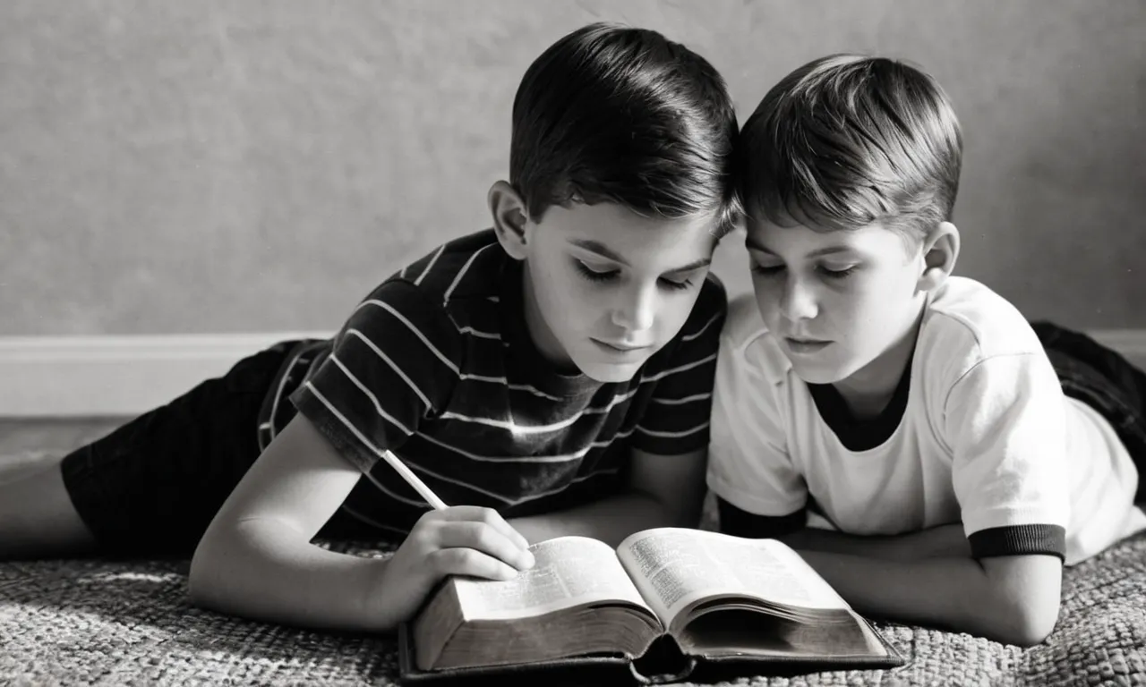 A black and white photograph capturing two young boys sitting side by side, engrossed in reading the Bible together, symbolizing the profound connection and mutual support emphasized in biblical teachings about brothers