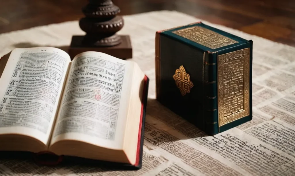 A photograph capturing a Bible and a Buddhist scripture side by side, symbolizing the coexistence of two faiths and promoting interfaith dialogue and understanding.