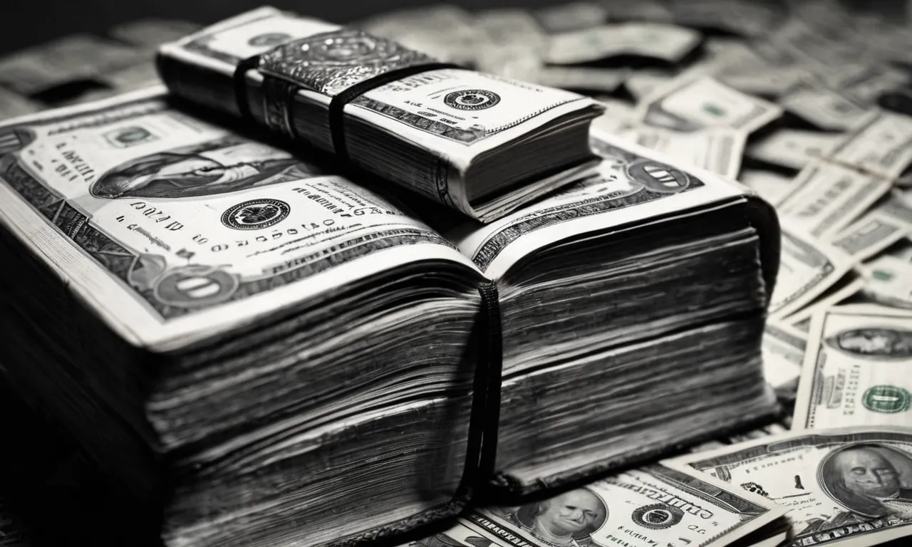 A black and white image capturing a worn Bible resting on a stack of money, symbolizing the juxtaposition of capitalist wealth and the moral teachings of the scriptures.