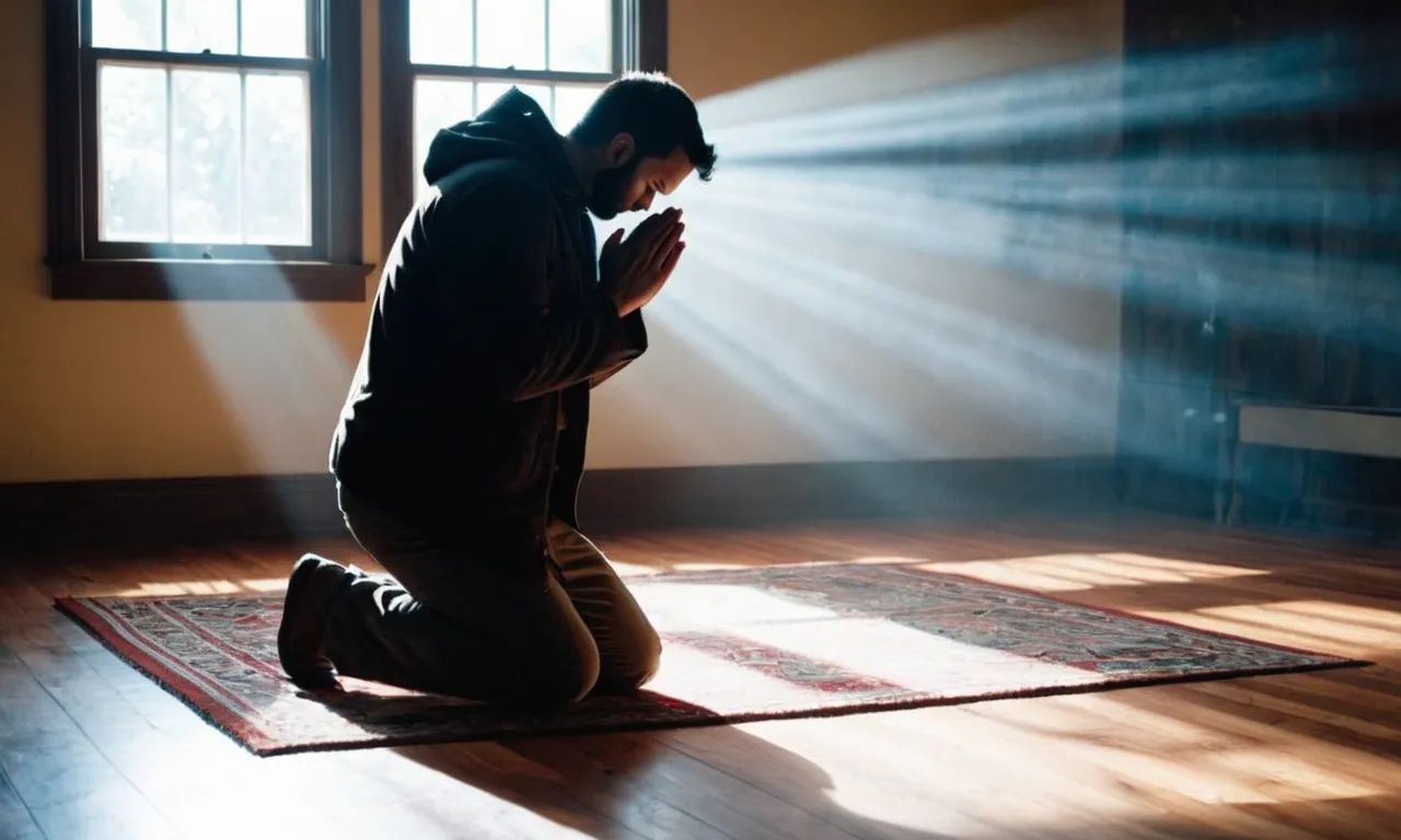 A photo of a person kneeling, fervently praying, with rays of light shining through a window, symbolizing the biblical act of casting out demons through faith and spiritual warfare.