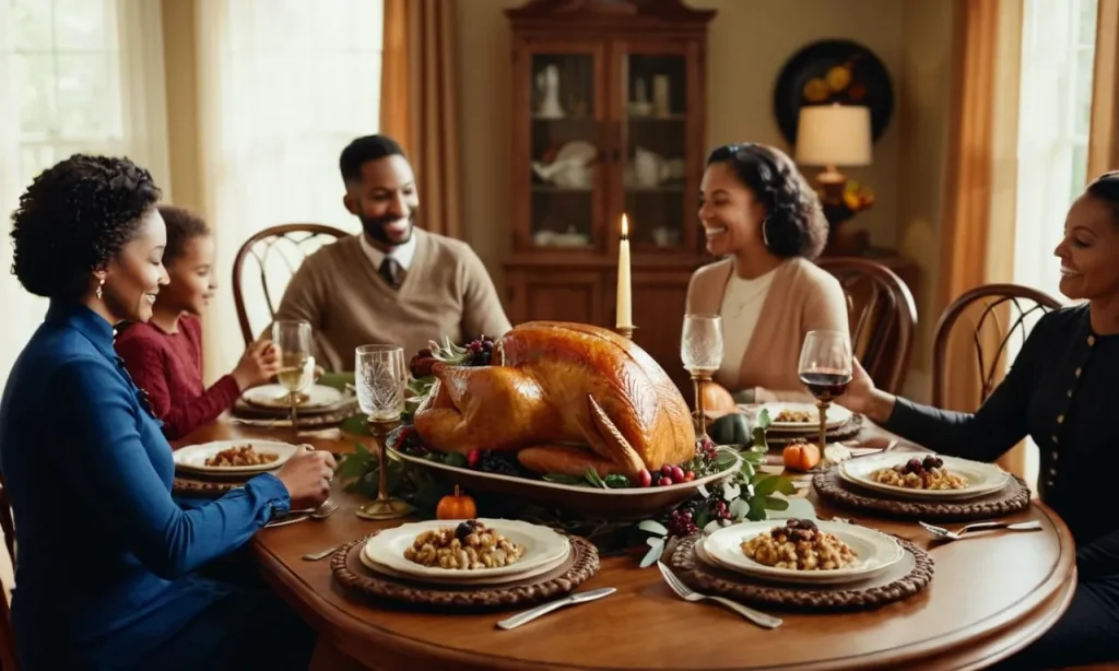 A photo capturing a family gathered around a beautifully set Thanksgiving table, with a Bible prominently displayed, symbolizing the importance of gratitude and celebration according to the teachings of the Bible.