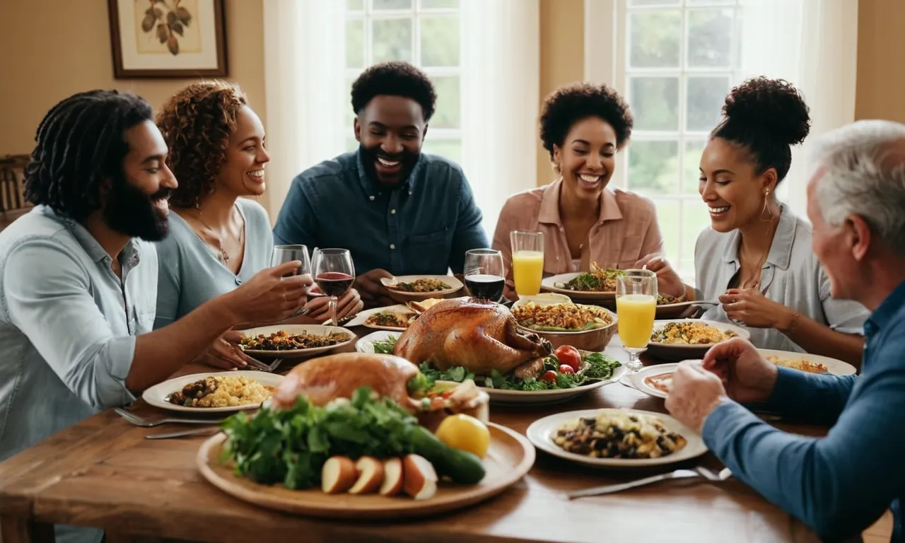 A photo capturing a group of diverse individuals joyfully gathered around a table, sharing a meal, symbolizing the biblical message of celebrating and fostering unity through fellowship and gratitude.