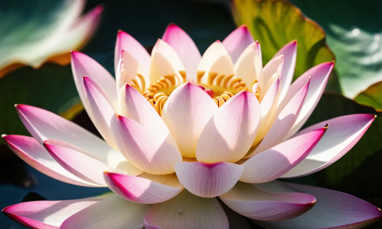 A close-up photo capturing the delicate petals of a blooming lotus flower, bathed in soft golden light, symbolizing the divine connection and the harmony between biblical teachings and the concept of chakras.