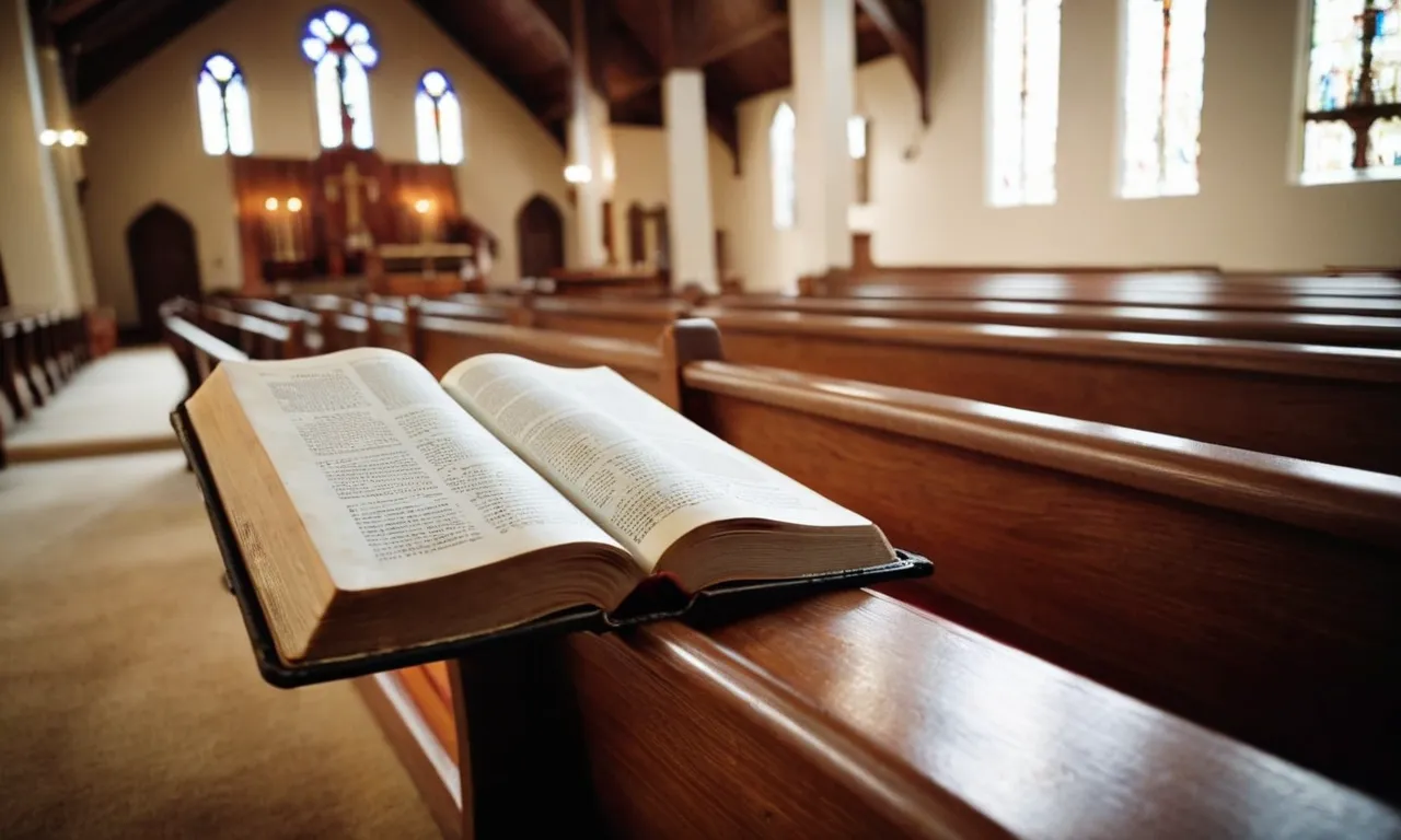 A photo of an open Bible resting on a pew, with a blurred background of empty church pews symbolizes the contemplation and decision-making process involved in changing churches.