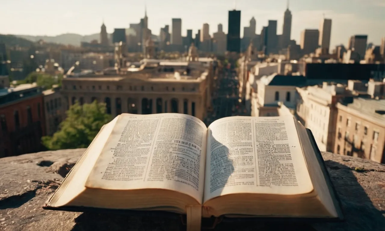 A photo showcasing a serene, open Bible amidst a chaotic cityscape, symbolizing the Bible's message of finding peace and order amidst the chaos of the world.