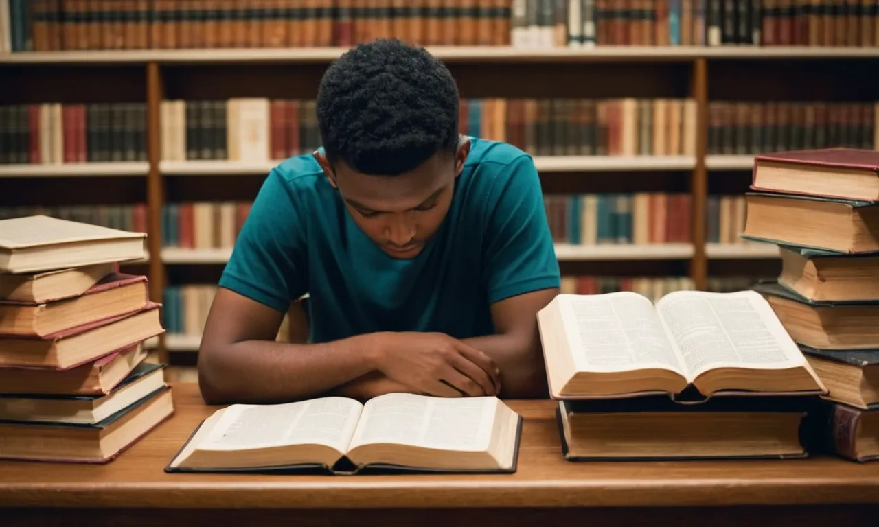 A photo capturing a student in a contemplative pose, surrounded by open textbooks and a Bible, symbolizing the moral dilemma faced when considering cheating on a test.