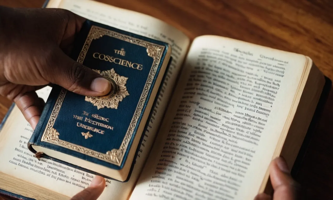 A close-up photograph of a person holding a Bible, their finger pointing to a verse about conscience, capturing the essence of seeking guidance and understanding from the sacred text.