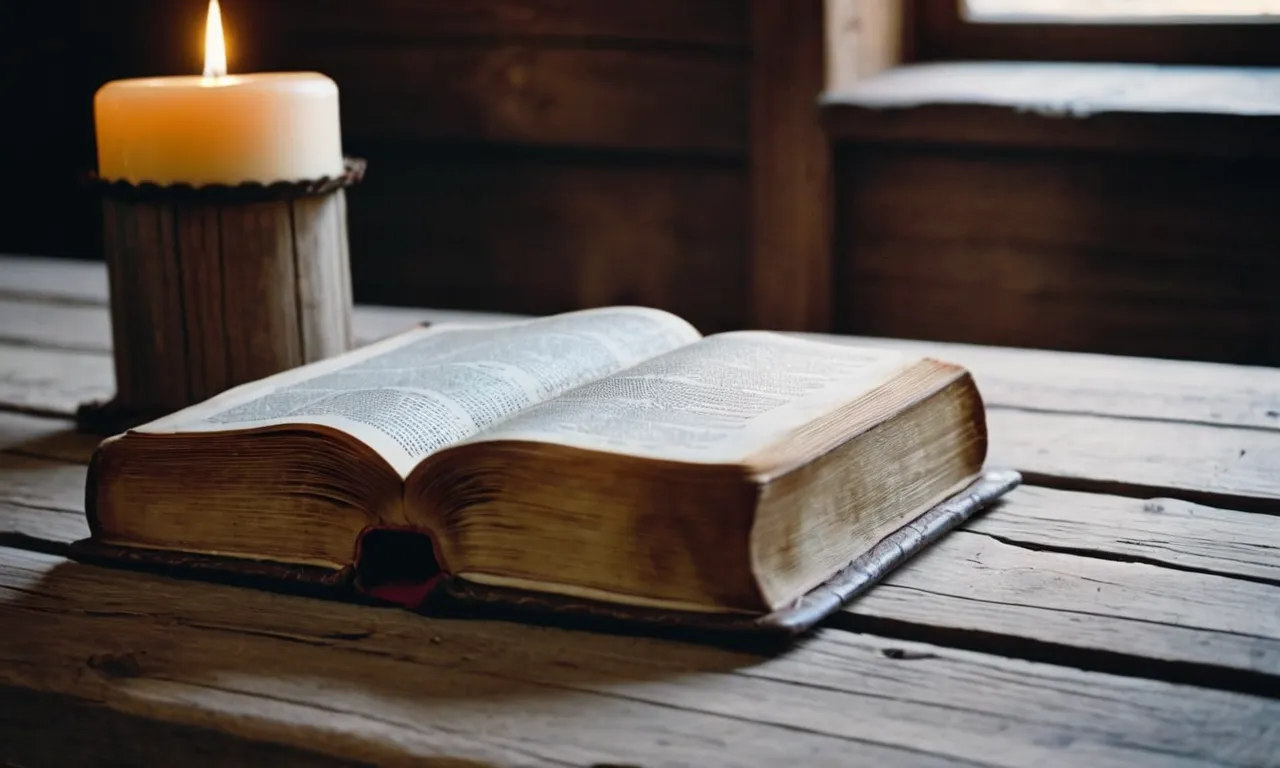 A photo capturing a serene, weathered Bible resting on a wooden table, accompanied by a flickering candle, symbolizing the consistency of God's teachings enlightening our path through the changing seasons of life.