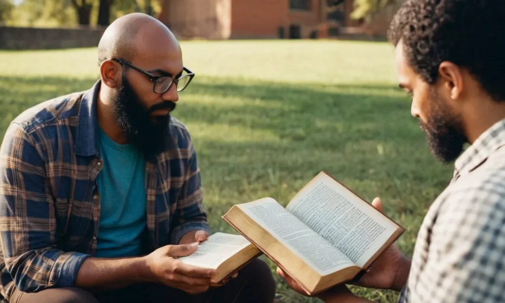 A photo of a person reading the Bible, with a counselor sitting beside them, engaged in a deep conversation, symbolizing the guidance and support offered through biblical counseling.