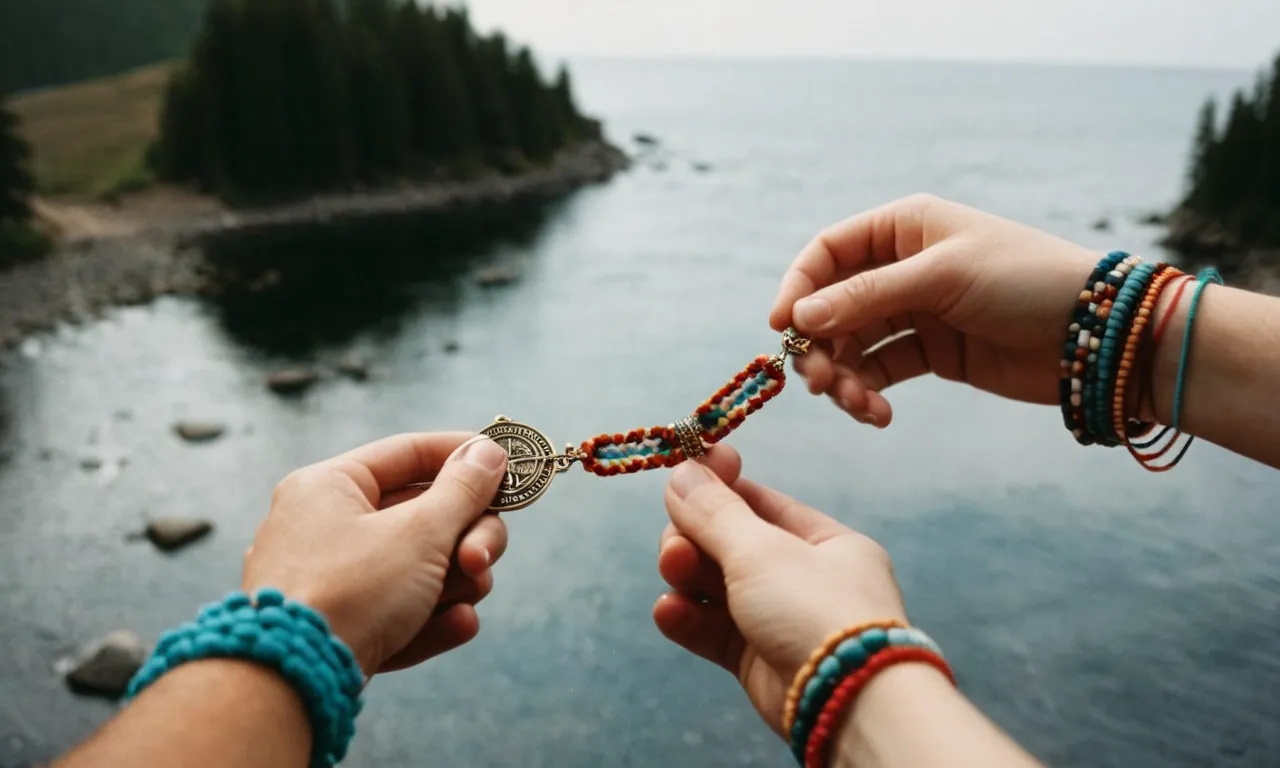 A photo capturing two hands, one holding a Bible and the other releasing a string of friendship bracelets, symbolizing the biblical concept of letting go of unhealthy relationships for spiritual growth.