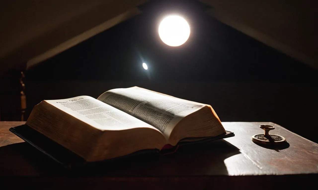A captivating photo capturing a silhouette of a Bible, bathed in a dimly lit room while a solar eclipse casts an eerie shadow, symbolizing the encroaching darkness in the last days.