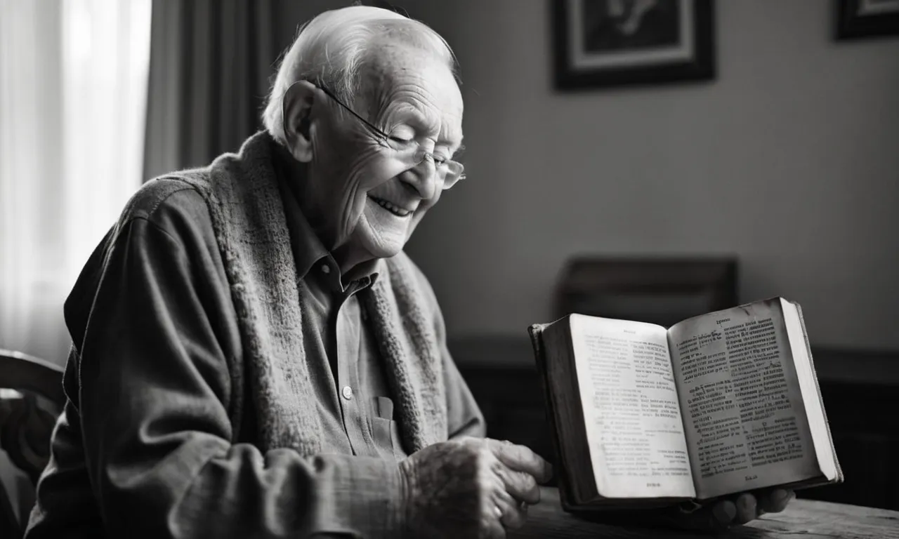 A black and white photograph captures an elderly person holding a worn Bible, their gentle smile reflecting hope amidst the haze of dementia.