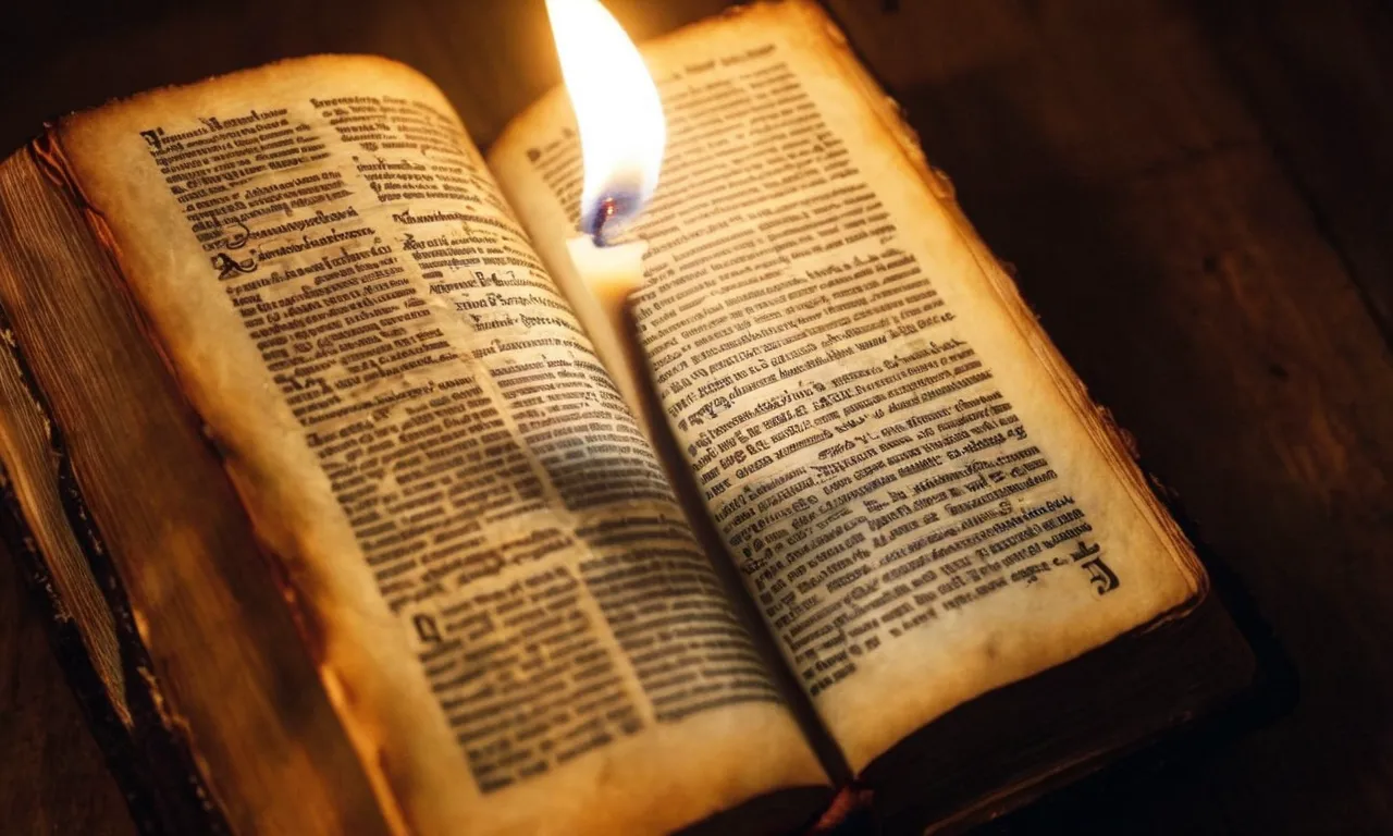 A close-up photo capturing a weathered Bible, with a candle illuminating a page containing scripture passages addressing the biblical teachings on demons.