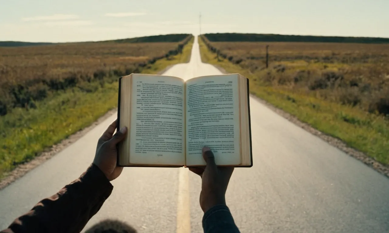 A photo of a person standing at a crossroads, holding a Bible open to a passage about seeking guidance, symbolizing the search for direction according to biblical teachings.