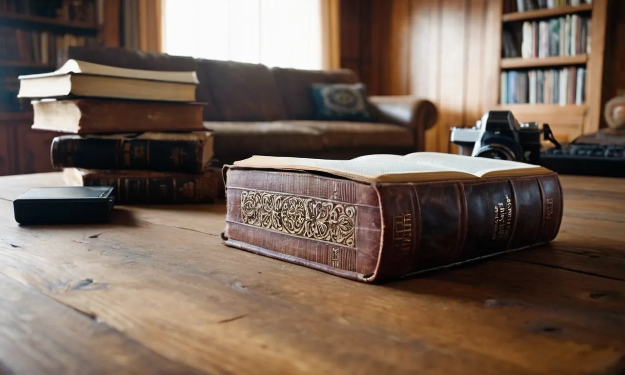 A close-up photo capturing a worn Bible lying open on a wooden table, surrounded by scattered technological devices symbolizing distractions, reminding us of the Bible's teachings on prioritizing spiritual focus.