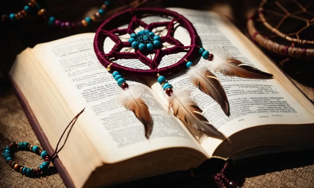 A close-up photo capturing the intricate details of a dream catcher, juxtaposed with an open Bible, symbolizing the intersection of spirituality and cultural beliefs.
