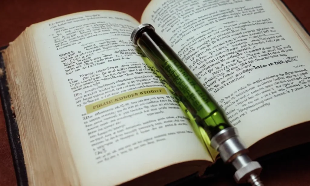 A close-up shot of an open Bible, with a highlighted verse on purity and sobriety, juxtaposed with a discarded syringe symbolizing the clash between drug addiction and biblical teachings.