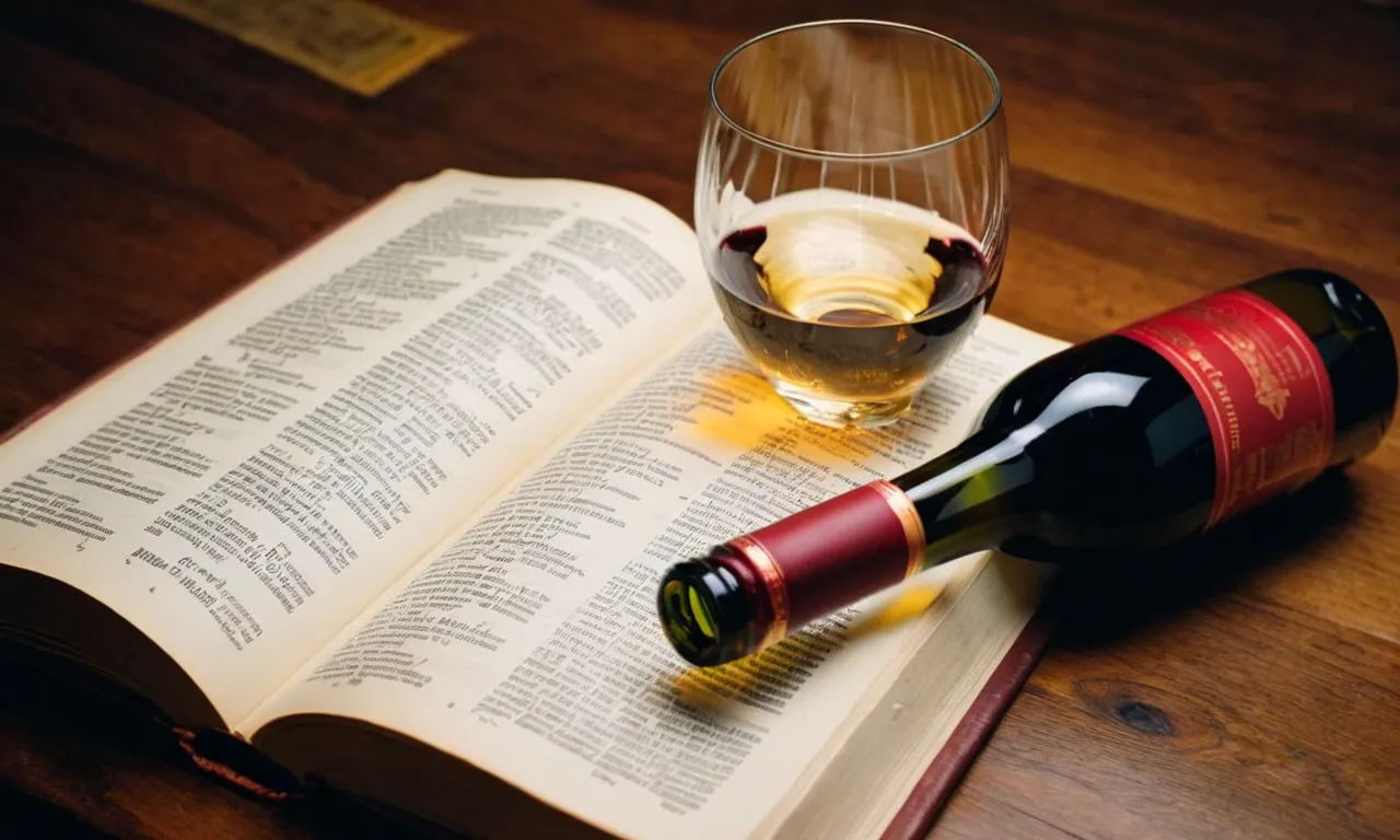 A dimly lit photograph captures an empty wine glass, discarded and forgotten, amidst scattered pages of the Bible, symbolizing the consequences of drunkenness as warned in its sacred teachings.