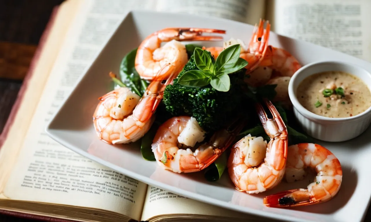 A close-up photograph capturing a mouthwatering dish of perfectly grilled shrimp, juxtaposed with an open Bible displaying Leviticus 11:9-12, sparking contemplation on the biblical perspective of consuming seafood.