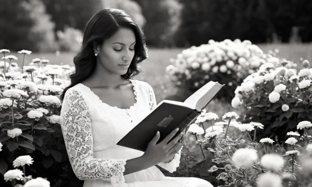 A black and white photo capturing a serene woman reading the Bible, surrounded by flowers, symbolizing femininity, wisdom, and the nurturing qualities emphasized in biblical teachings.